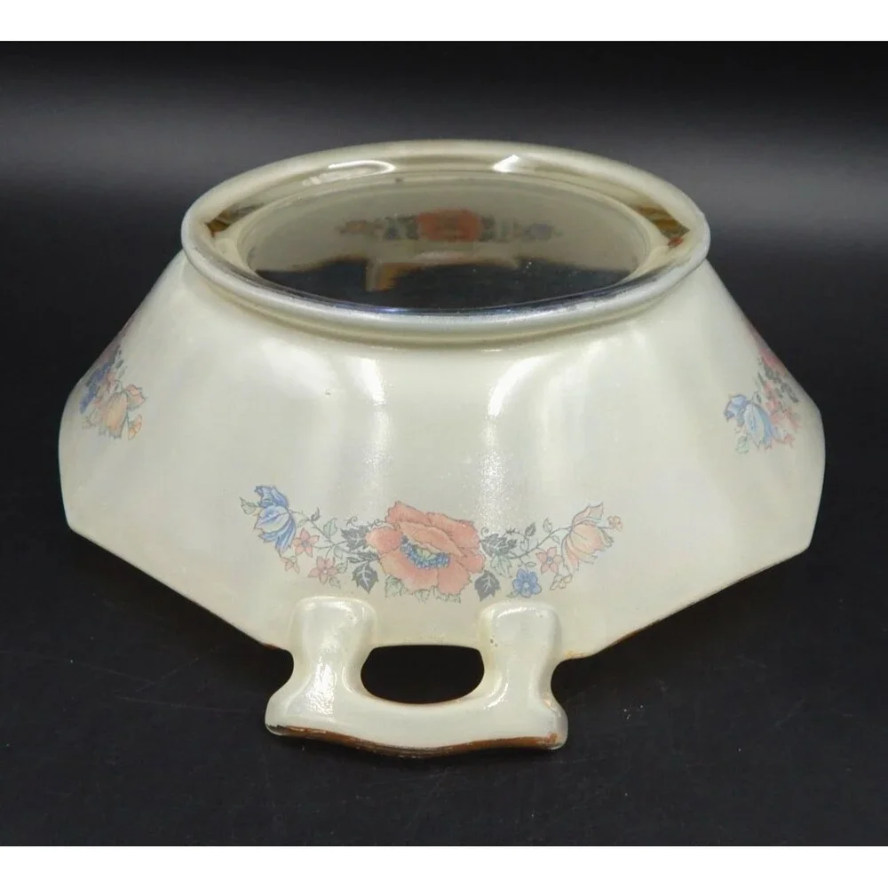 Glass Handled Serving Bowl Dish Floral Transfer Depression Glass 9 In Iridescent